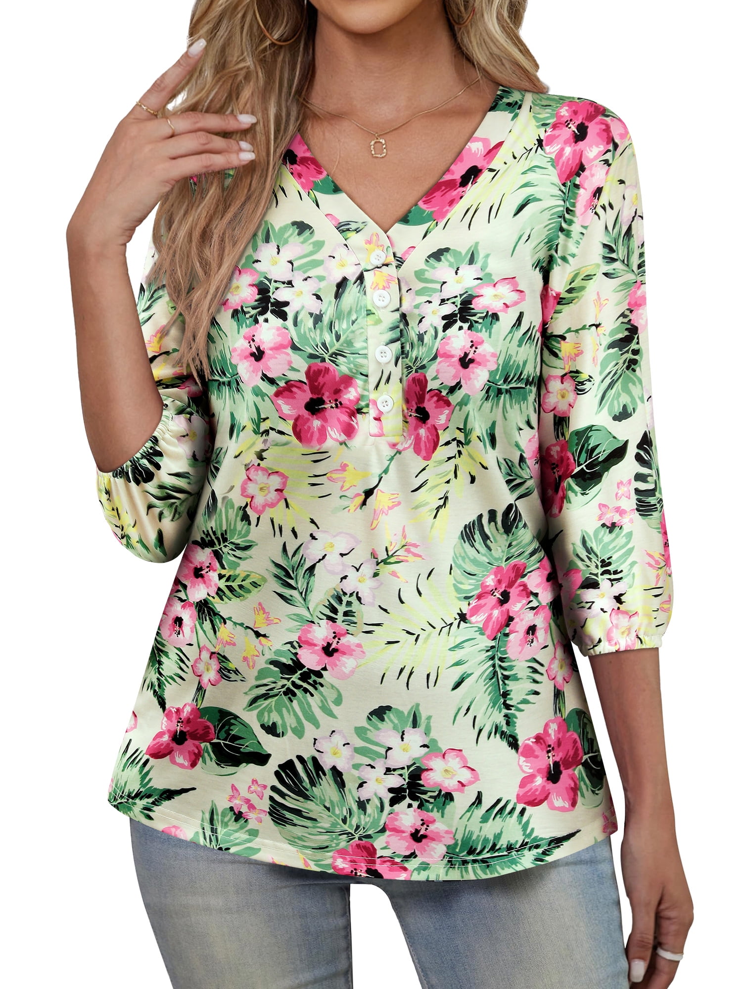 Hibeli Hawaiian Shirts for Women Tropical Floral Print V Neck 3/4 ...