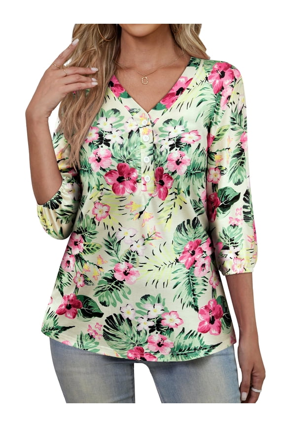 Hawaiian Shirts for Women Tropical Floral Print V Neck 3/4 Sleeve Top Blouses Vacation Outfits
