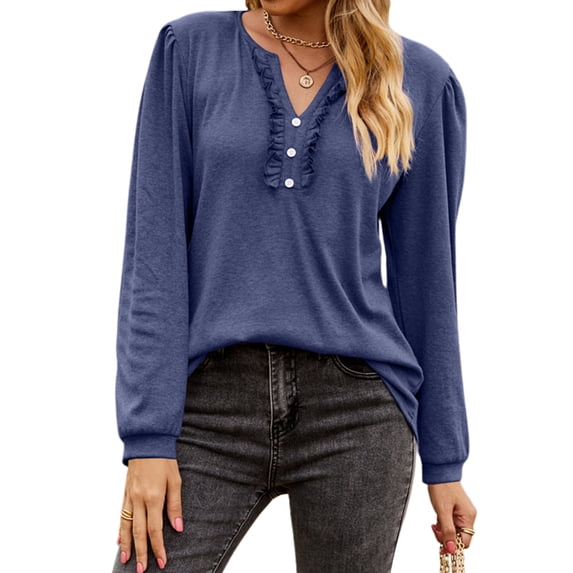 Hibeli Women Button Up Ruffle Trim V Neck Puff Long Sleeve Solid Color Tops