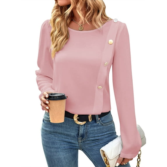 Hibeli Women Casual Side Button Round Neck Long Sleeve Loose Solid Color Tops