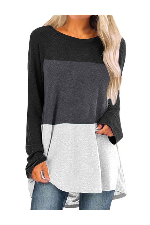 Hibeli Women Causal Contrast Color Tunic Tops Round Neck Long Sleeves Color Block Tunic Top Shirt