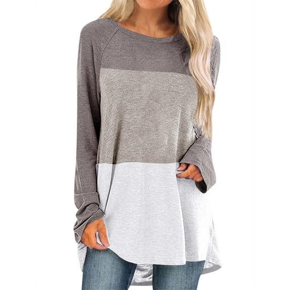 Hibeli Women Causal Contrast Color Tunic Tops Round Neck Long Sleeves Color Block Tunic Top Shirt