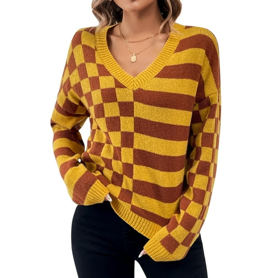 Hibeli Women Checkered Color Block V Neck Long Sleeve Knit Pullover Sweater