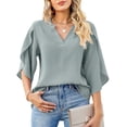 thumbnail image 1 of Hibeli Women Chiffon V Neck 3/4 Petal Sleeve Solid Color Loose Fit Top, 1 of 3