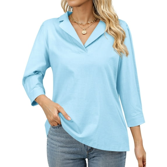 Hibeli Women Collared V Neck 3/4 Sleeve Blouse Tops Solid Color Elegant Tunic Shirts