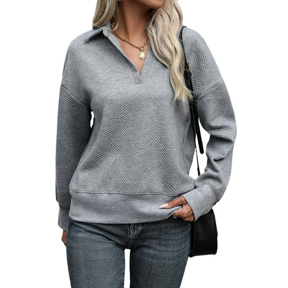 Hibeli Women Collared V Neck Drop Shoulder Long Sleeve Textured Top