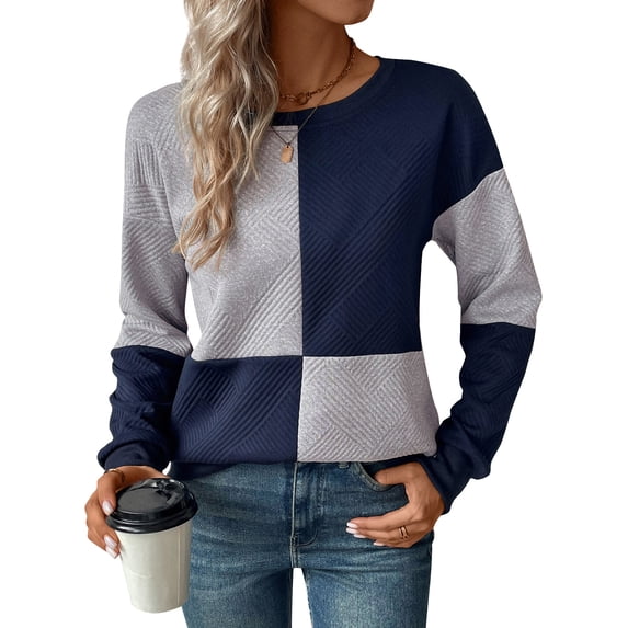 Hibeli Women Color Block Spliced Crew Neck Long Sleeve Pullover Top