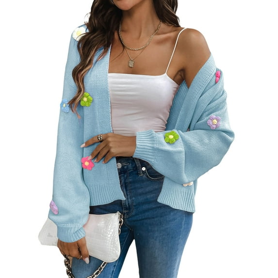 Hibeli Women Color Floral Applique Lantern Long Sleeve Open Front Daisy Cardigan Sweater