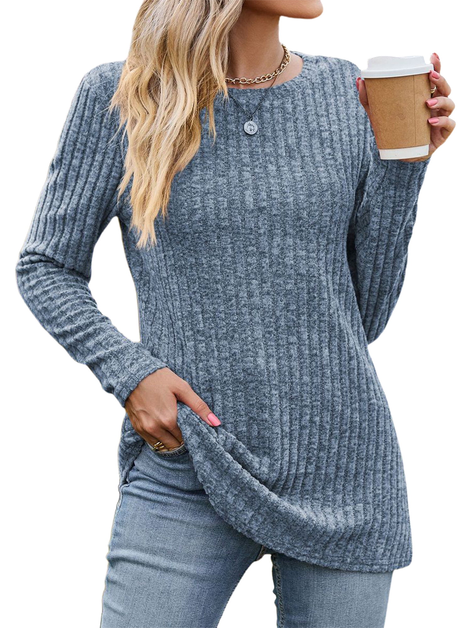 Hibeli Women Crew Neck Long Sleeve Ribbed Slim Fit Solid Color Top ...