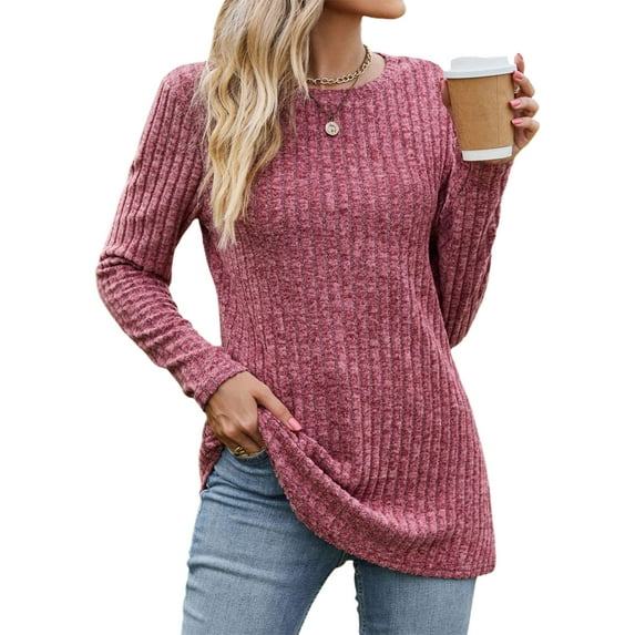 Hibeli Women Crew Neck Long Sleeve Ribbed Slim Fit Solid Color Top