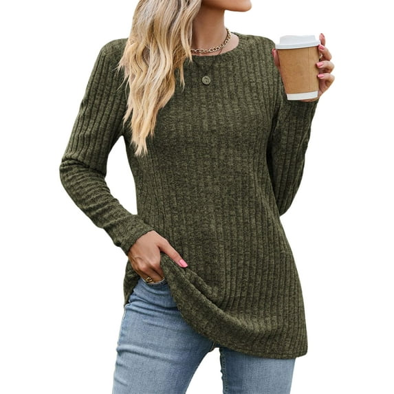 Hibeli Women Crew Neck Long Sleeve Ribbed Slim Fit Solid Color Top