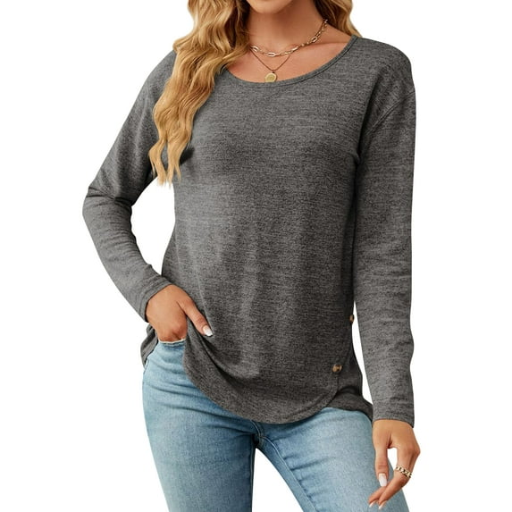 Hibeli Women Crewneck Long Sleeve Button Decor Irregular Hem Solid Color Top