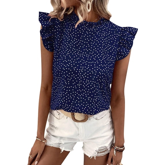Hibeli Women Dot Print Sleeveless Ruffle Collar Pullover Top