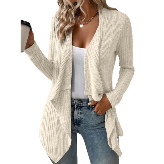 Hibeli Women Draped Open Front Long Sleeve Ribbed Knit Irregular Mid Length Cardigans