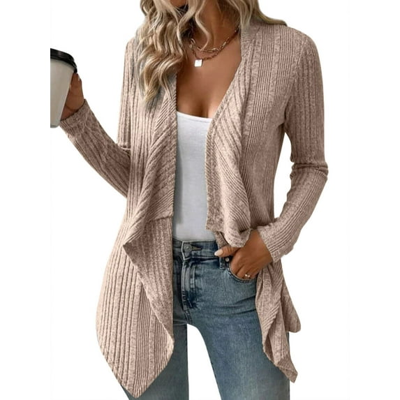 Hibeli Women Draped Open Front Long Sleeve Ribbed Knit Irregular Mid Length Cardigans