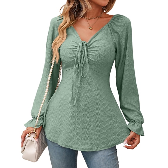 Hibeli Women Drawstring V Neck Ruffle Long Sleeve Tunic Jacquard Solid Color Top