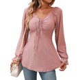 thumbnail image 1 of Hibeli Women Drawstring V Neck Ruffle Long Sleeve Tunic Jacquard Solid Color Top, 1 of 7
