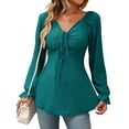 thumbnail image 1 of Hibeli Women Drawstring V Neck Ruffle Long Sleeve Tunic Jacquard Solid Color Top, 1 of 7
