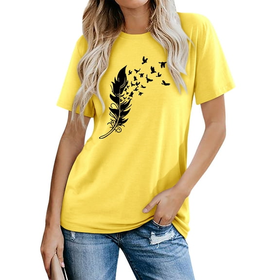 Hibeli Women Feather Bird Print T-shirt Short Sleeves Graphic Tee Shirt