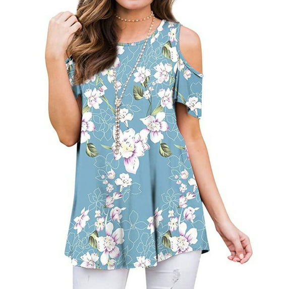 Hibeli Women Floral Paisley Print Summer T Shirts Cold Shoulder Tunic Top Blouse