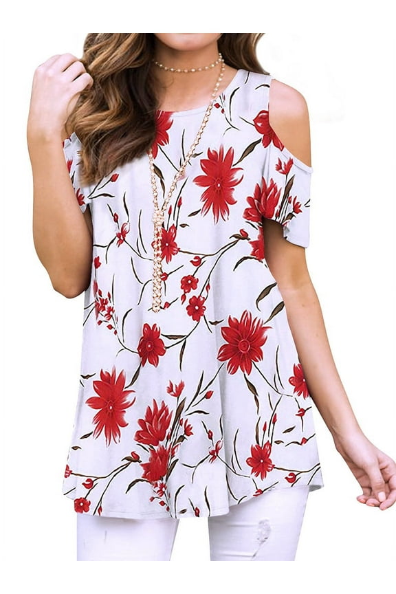 Women Floral Paisley Print Summer T Shirts Cold Shoulder Tunic Top Blouse