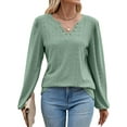 thumbnail image 1 of Hibeli Women Grommet Holes V Neck Puff Long Sleeve Solid Color Eyelet Top, 1 of 7
