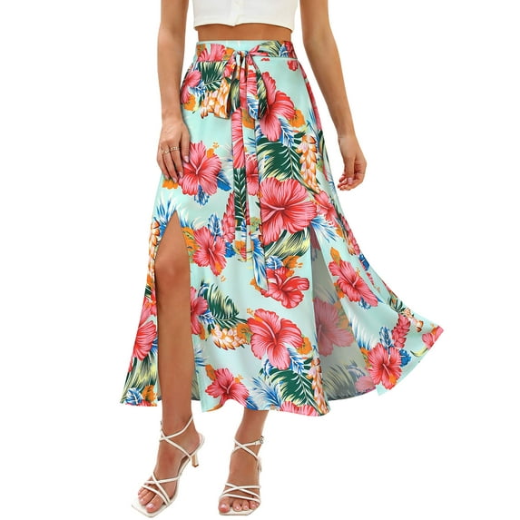 Hibeli Women Hawaiian Floral Print Maxi Skirt High Elastic Waisted Split Thigh Long Skirt with Pockets