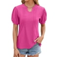 thumbnail image 1 of Hibeli Women Hollow Out V Neck Puff Short Sleeve Solid Color Pullover Top, 1 of 7