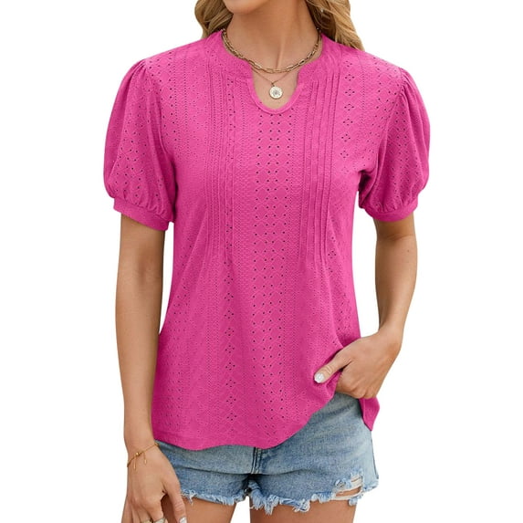 Hibeli Women Hollow Out V Neck Puff Short Sleeve Solid Color Pullover Top