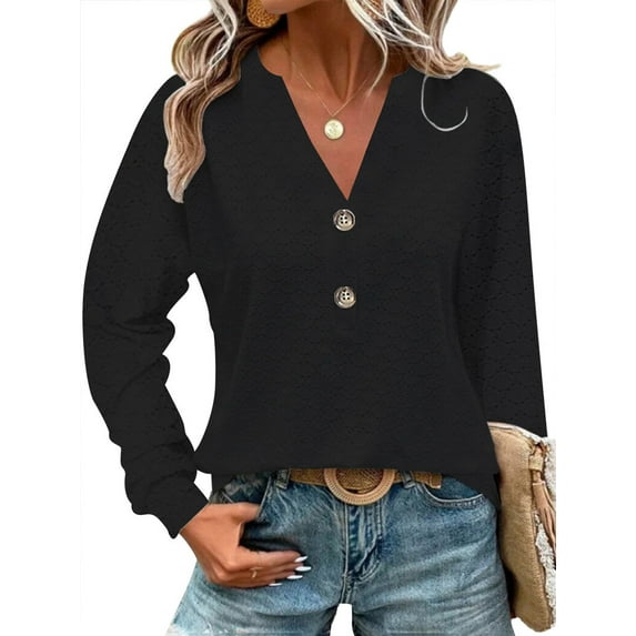 Hibeli Women Jacquard Button V Neck Long Sleeve Solid Color Casual Top