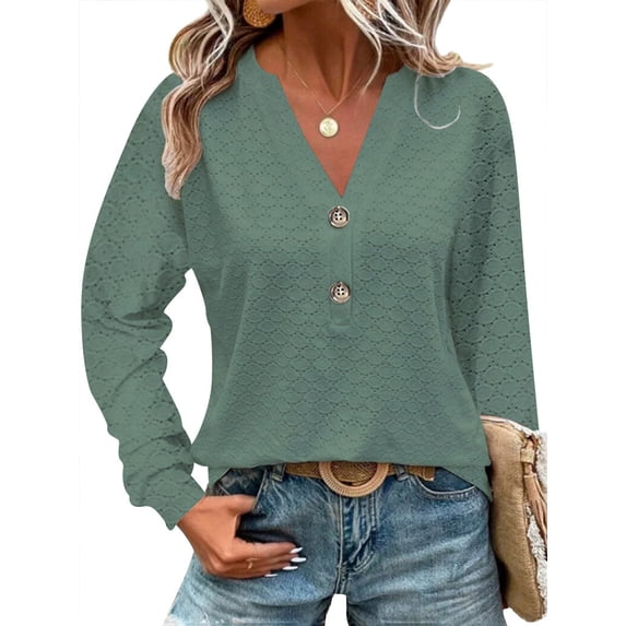 Hibeli Women Jacquard Button V Neck Long Sleeve Solid Color Casual Top