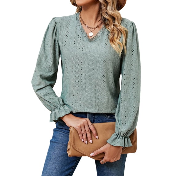 Hibeli Women Lace Trim V Neck Puff Long Sleeve Eyelet Solid Color Tops