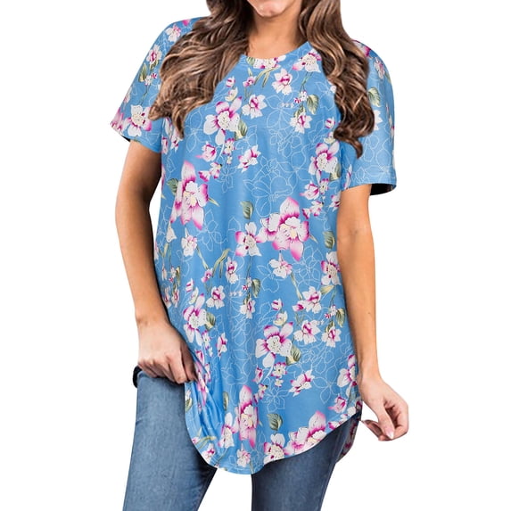 Hibeli Womens Hawaiian Tropical Floral Print Tunic Tops Short Sleeve Swing Flare Dressy Blouses