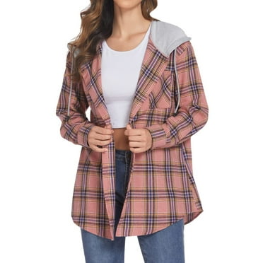 Hibeli Women Plaid Colorblock Button Down Long Sleeve Drawstring Hoodie
