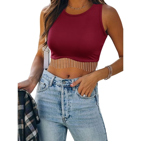 Hibeli Women Rhinestone Tassel Trim Sleeveless Round Neck Solid Color Crop Tank Top