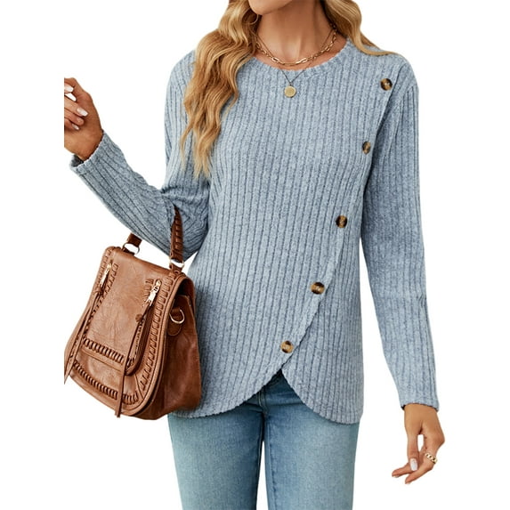 Hibeli Women Ribbed Textured Crew Neck Long Sleeve Button Tulip Hem Solid Color Top