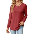 thumbnail image 1 of Hibeli Women Round Neck Long Sleeve Side Buttons Curved Hem Solid Color Top, 1 of 7