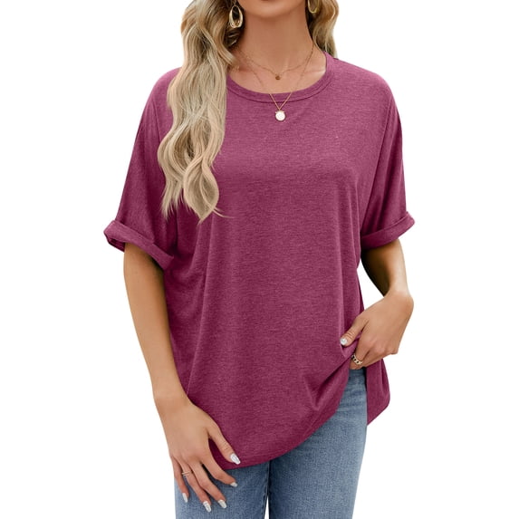 Hibeli Women Round Neck Short Sleeve Solid Color Loose T-shirt