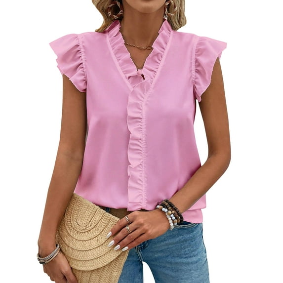 Hibeli Women Ruffle Sleeve V Neck Patchwork Solid Color Pullover Top