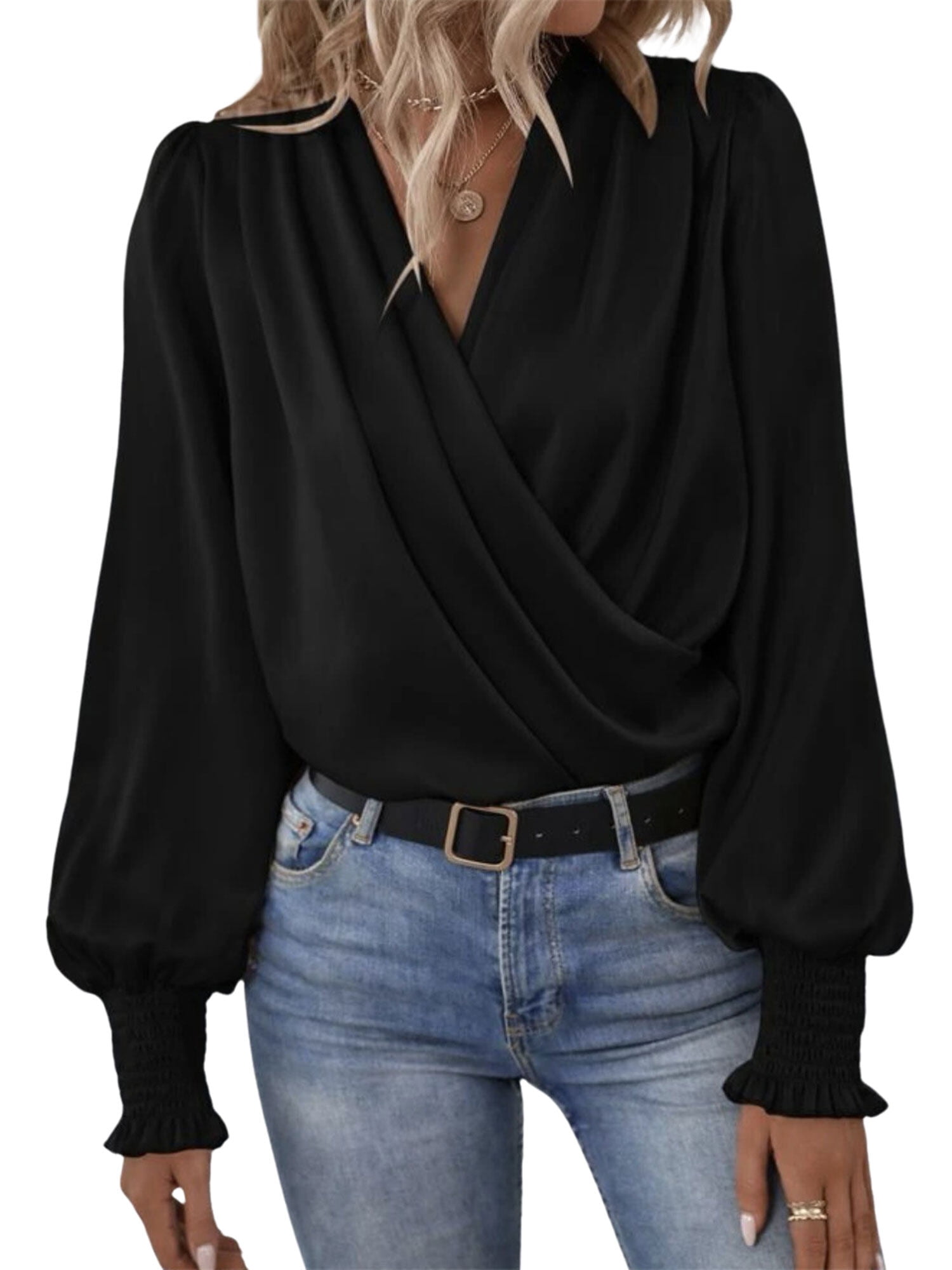 Hibeli Women Satin Silky Draped Wrap V Neck Ruched Puff Long Sleeve Top ...