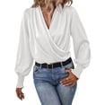thumbnail image 1 of Hibeli Women Satin Silky Draped Wrap V Neck Ruched Puff Long Sleeve Top, 1 of 6