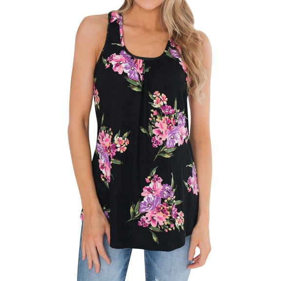 Hibeli Women Sleeveless Floral Print U Neck Zip-up Back Swing Summer Tunic Tank Tops