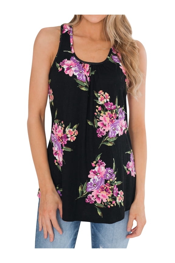 Women Sleeveless Floral Print U Neck Zip-up Back Swing Summer Tunic Tank Tops