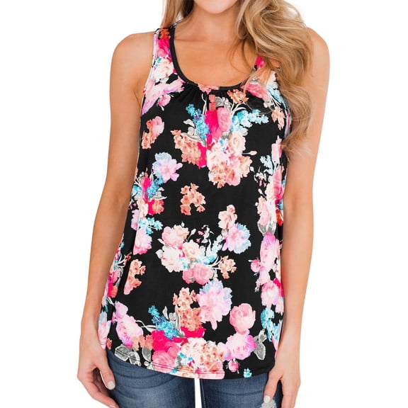 Hibeli Women Sleeveless Floral Print U Neck Zip-up Back Swing Summer Tunic Tank Tops