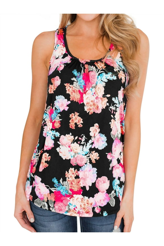 Women Sleeveless Floral Print U Neck Zip-up Back Swing Summer Tunic Tank Tops