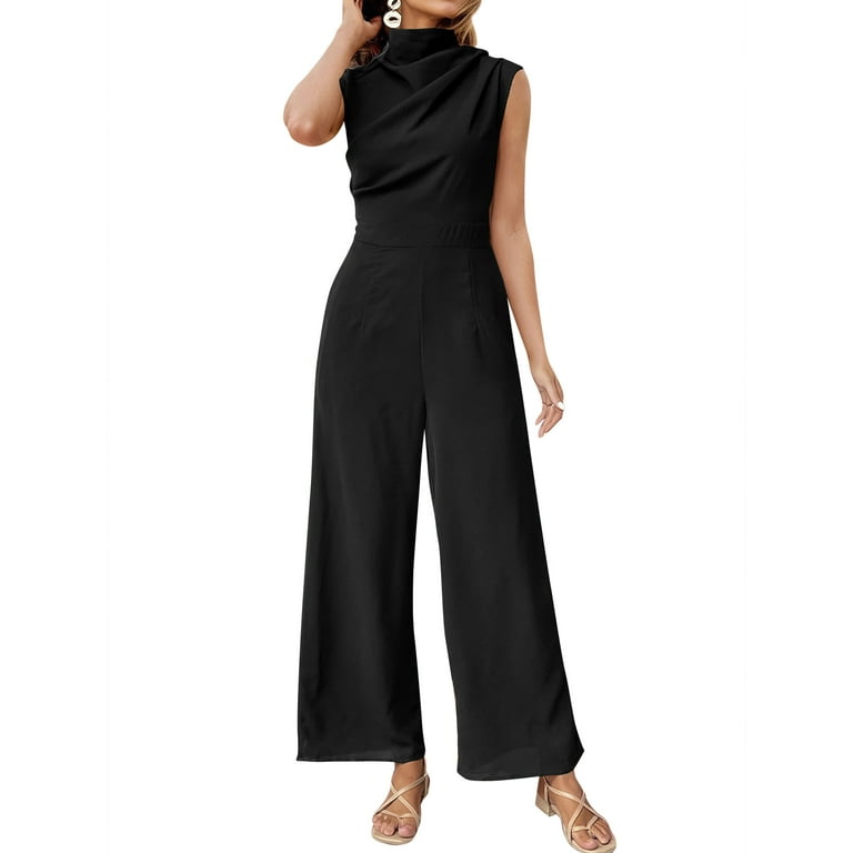 Hibeli Women Sleeveless Swing Collar Mid Waist Solid Color Jumpsuit Women s Size Small Black