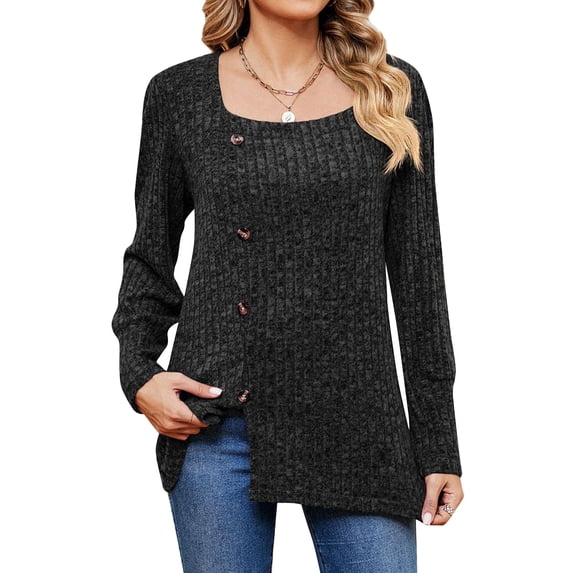 Hibeli Women Square Neck Long Sleeve Buttons Side Slit Hem Ribbed Tunic Tops