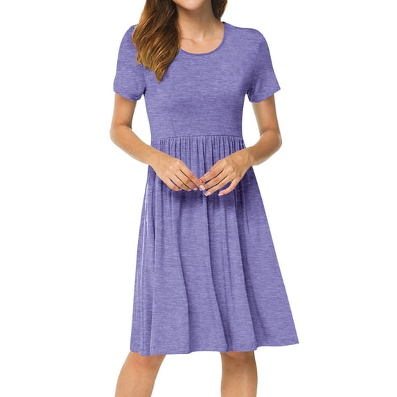 Hibeli Women Summer Casual Cut-out A-line Dresses Short Sleeves High Waist Knee Length Midi Dress with Pockets