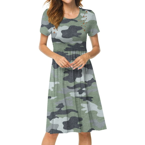 Hibeli Women Camouflage Printed Cut-out A-line Dresses Short Sleeves High Waist Knee Length Midi Dress with Pockets