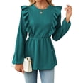 thumbnail image 1 of Hibeli Women Textured Ruffle Trim Round Neck Long Sleeve Peplum Tunic Top, 1 of 7